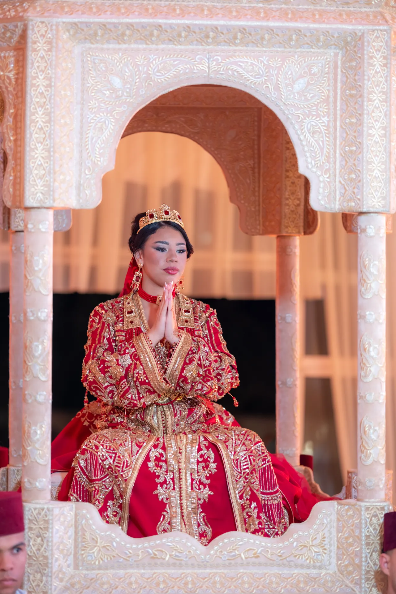 Moroccan bride in ceremonial red caftan by Arouss Marrakech